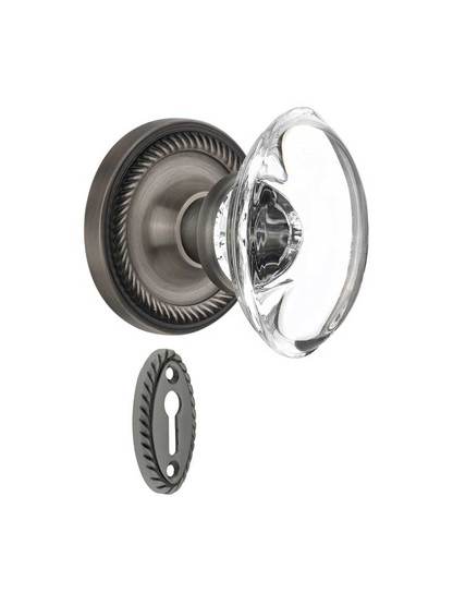 Rope Rosette Mortise-Lock Set with Oval Crystal Glass Knobs in Antique Pewter.
